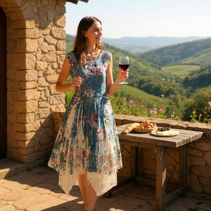 ON SALE - Sleeveless Floral Print Dress with Lining - Blues and Pinks
