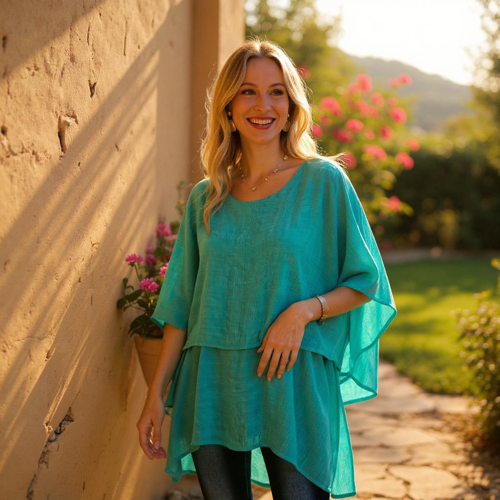 Cuffed Sleeve Layered Tunic Top - Jade