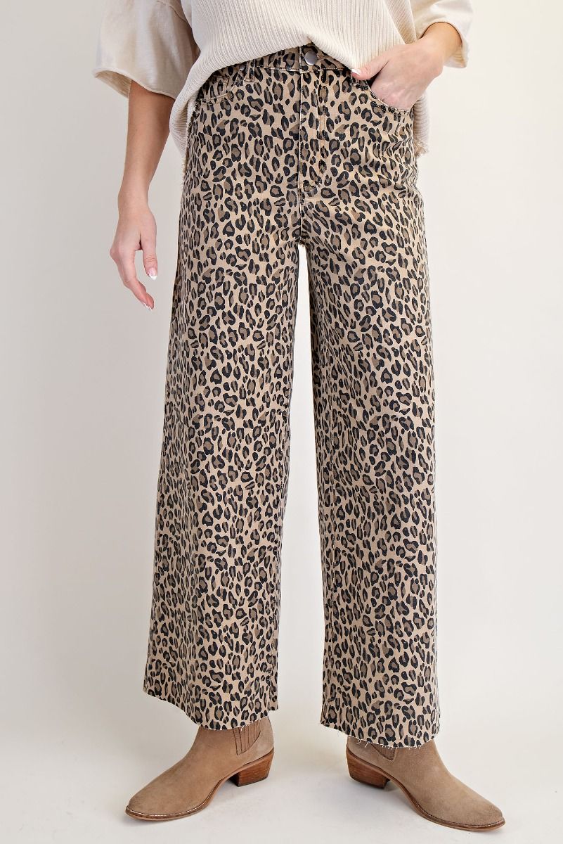 Leopard Print High-Waisted Washed Twill Wide-Leg Pants