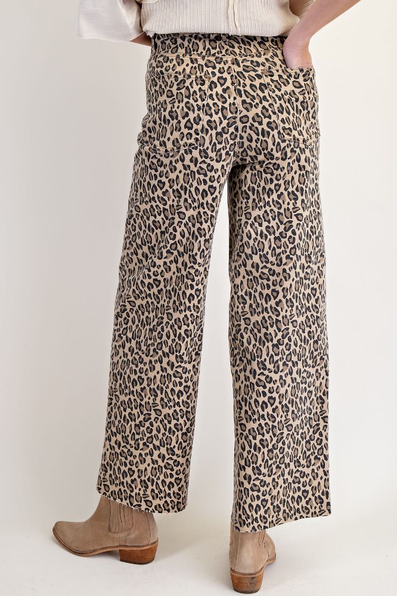 Leopard Print High-Waisted Washed Twill Wide-Leg Pants