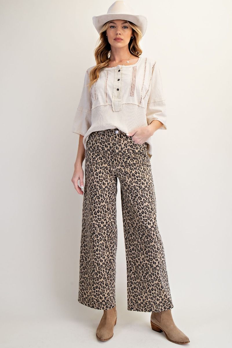 Leopard Print High-Waisted Washed Twill Wide-Leg Pants