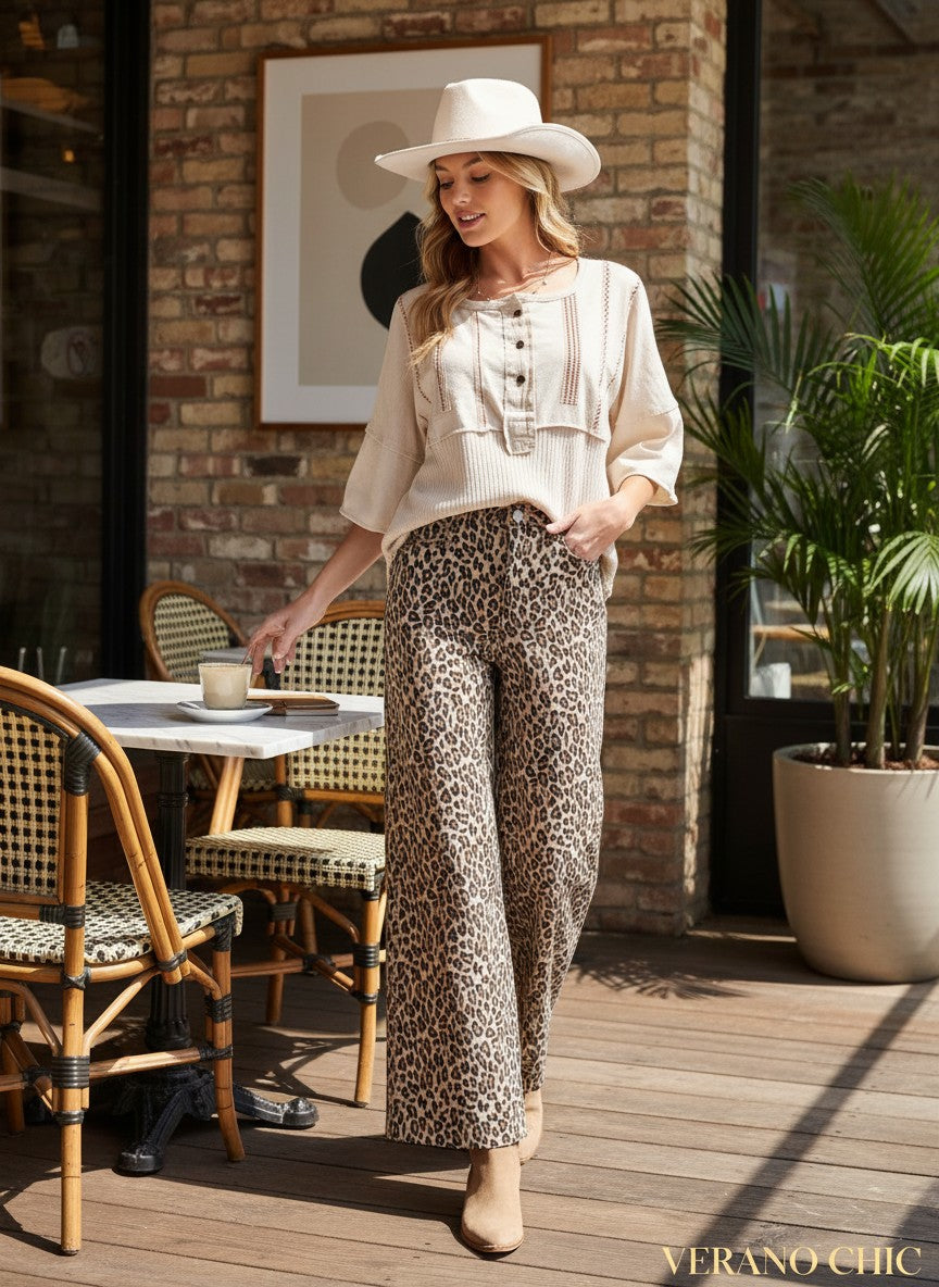 Leopard Print High-Waisted Washed Twill Wide-Leg Pants