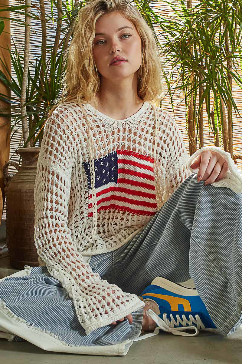 Boho American Flag Patchwork V-Neck Knit Hoodie Sweater