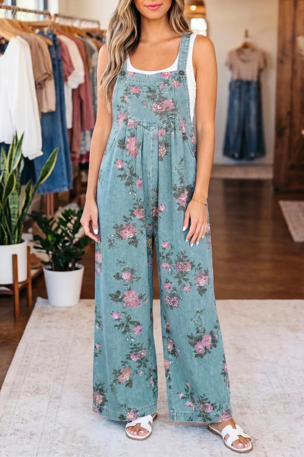 Beau Blue Floral High-Waist Wide-Leg Denim Jumpsuit 🌸