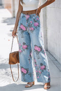 Meadow Muse: Sky Blue Garden Floral Print Bootcut Vintage Style Denim Jeans ✨