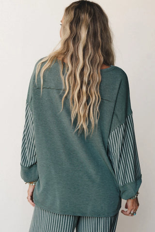 Green Bay Raw Seam Patchwork Set - Striped Lounge Top & Wide Leg Pants