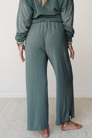 Green Bay Raw Seam Patchwork Set - Striped Lounge Top & Wide Leg Pants