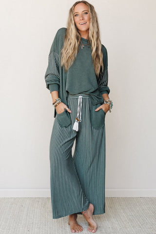Green Bay Raw Seam Patchwork Set - Striped Lounge Top & Wide Leg Pants