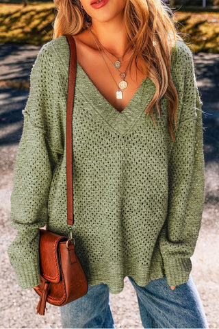 Green V-Neck Drop Shoulder Oversized Sweater