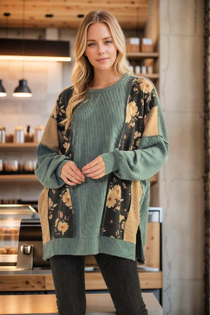 Urban Ribbed Tunic Top with Floral Contrast