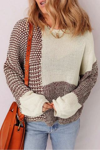 Cream & Chocolate Brown Color Block Knit Sweater