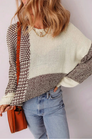 Cream & Chocolate Brown Color Block Knit Sweater