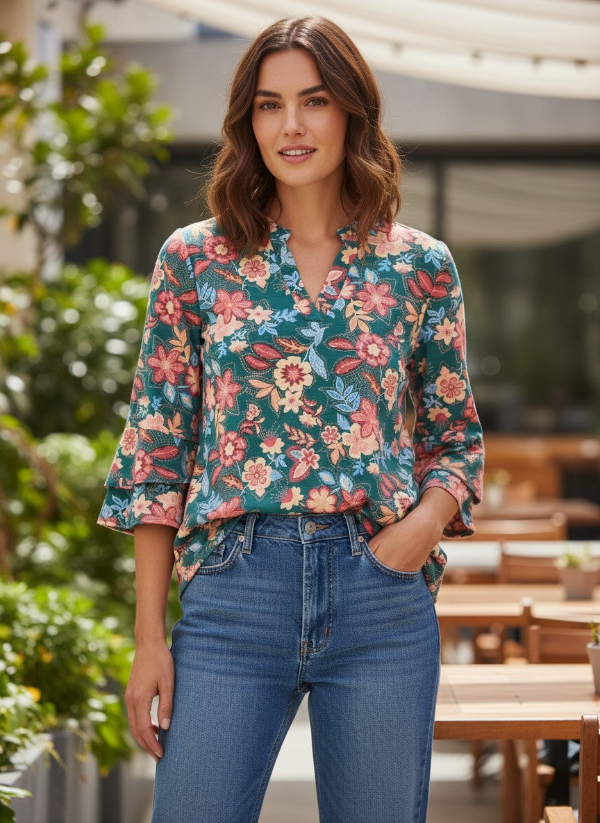 Tiered Bell Sleeve Floral Top