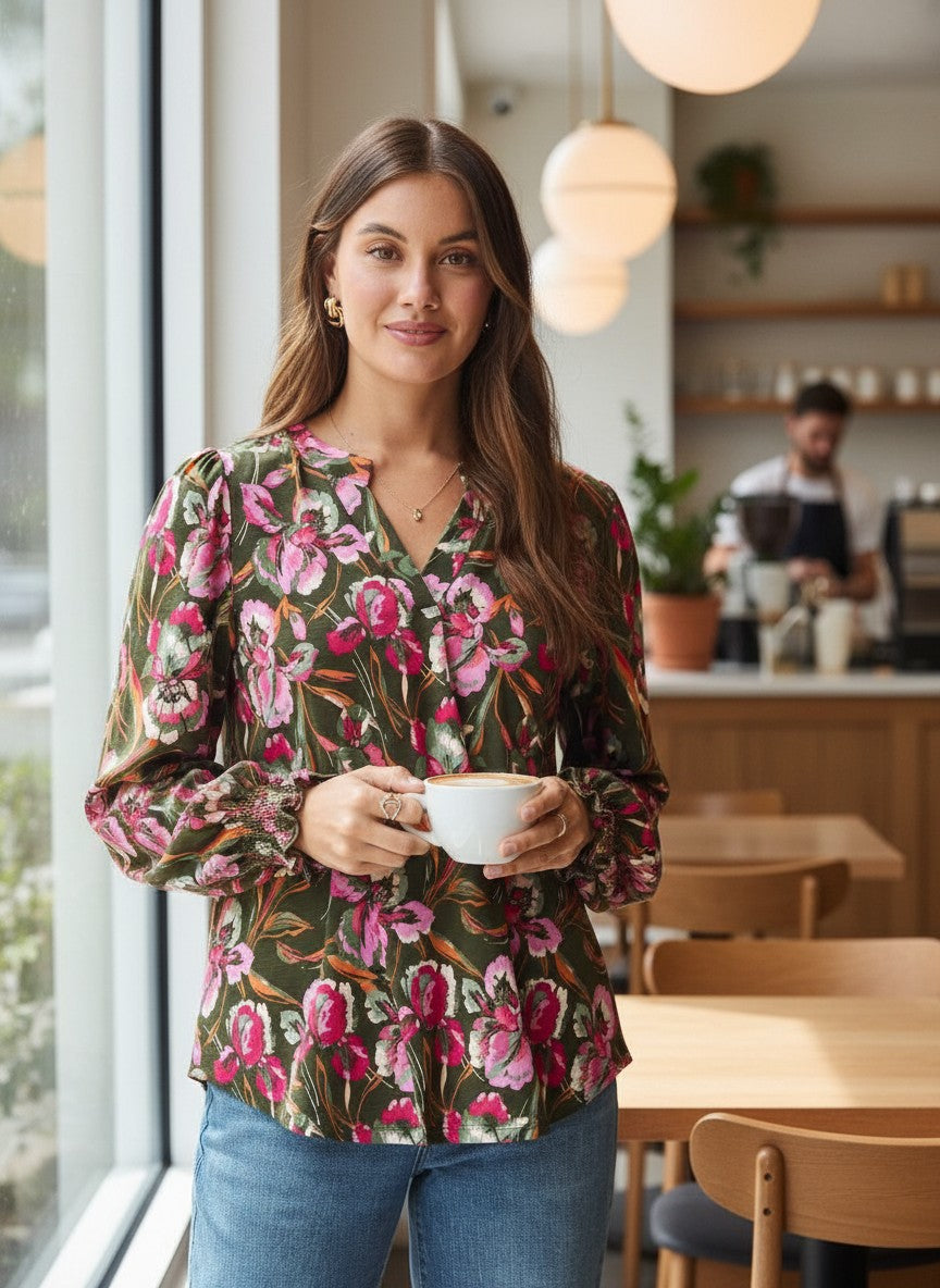 Smocked Sleeve Floral Top