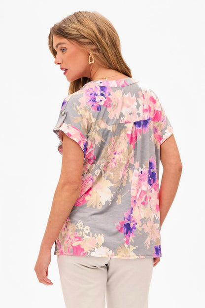 Dear Scarlett - Dolman Short Sleeve Top - Grey/Pink Multi Floral Top