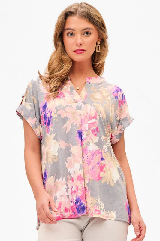 Dear Scarlett - Dolman Short Sleeve Top - Grey/Pink Multi Floral Top