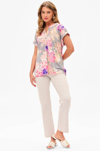 Dear Scarlett - Dolman Short Sleeve Top - Grey/Pink Multi Floral Top