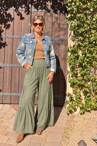 Cactus Green Smocked-Waist Tiered Wide-Leg Pants