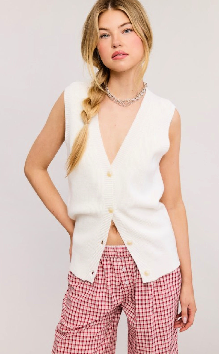 Sleeveless V-Neck Button Up Sweater Knit Vest Knit Top - Off White