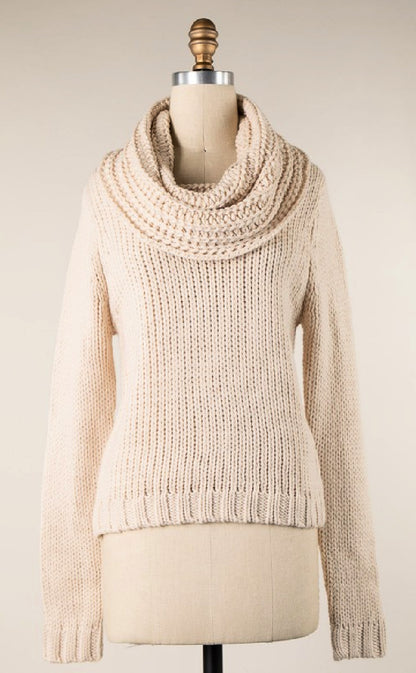 Cowl Neck Cable Knit Sweater - Cream