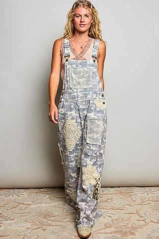 Women's Boho Patchwork Wide Leg Overalls – Vintage Mixed Print with Crochet Lace Details