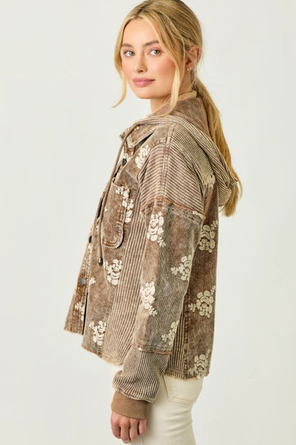 Corduroy Flower Embroidery Hoodie Jacket