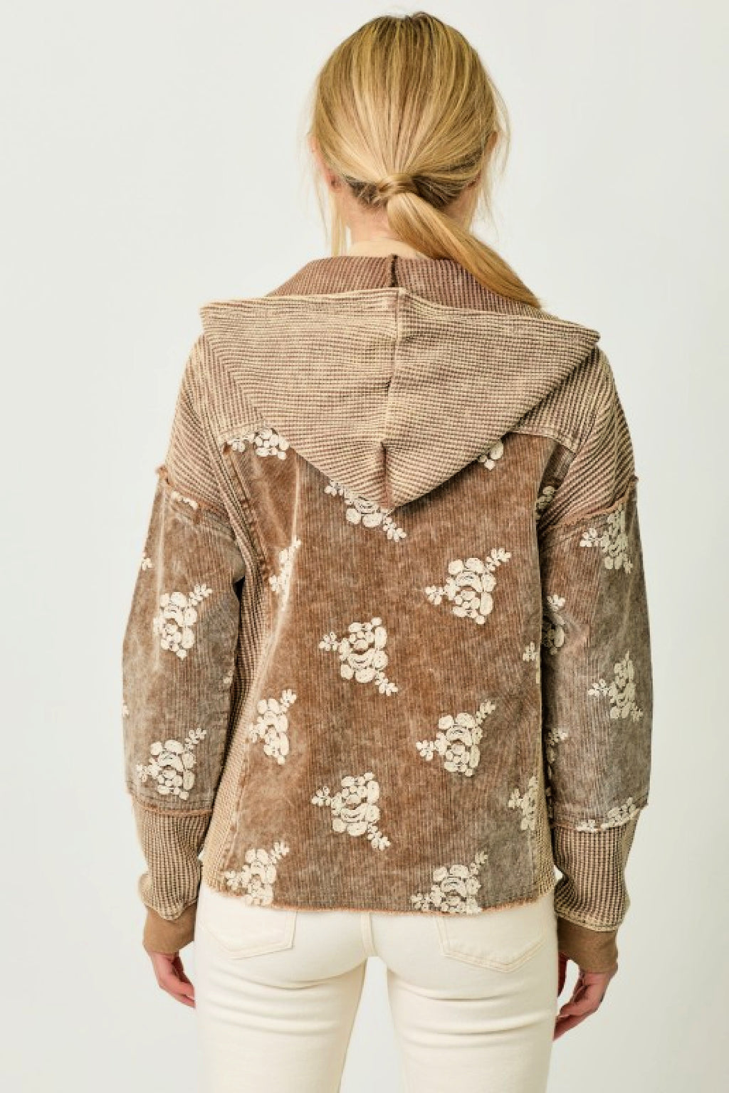 Corduroy Flower Embroidery Hoodie Jacket - Washed Toffee