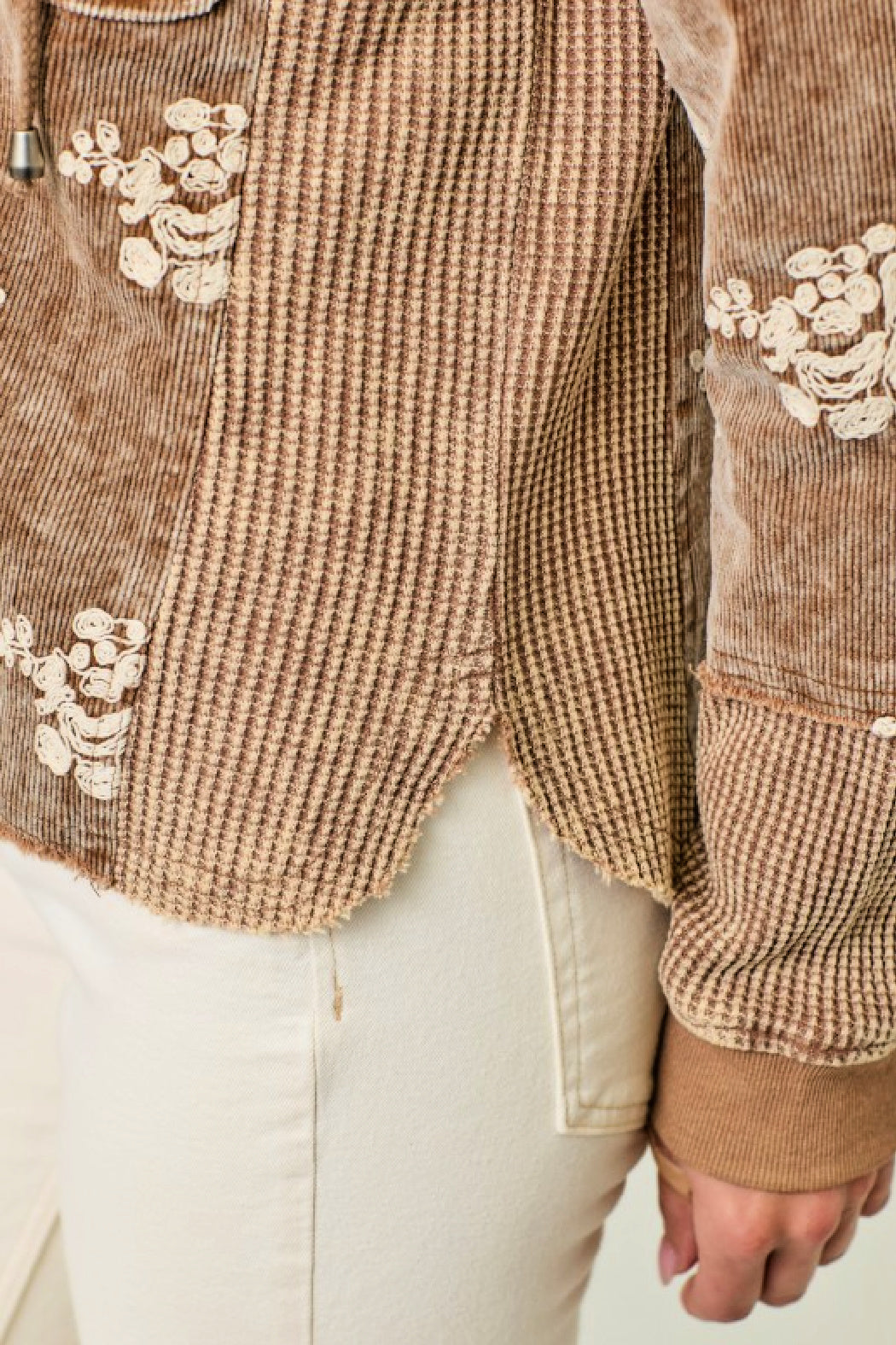 Corduroy Flower Embroidery Hoodie Jacket - Washed Toffee