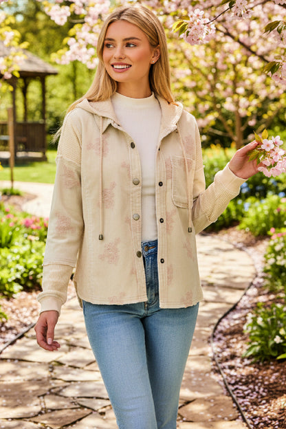 Corduroy Flower Embroidered Hoodie Jacket - Almond