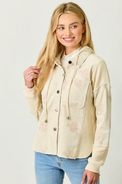 Corduroy Flower Embroidered Hoodie Jacket - Almond