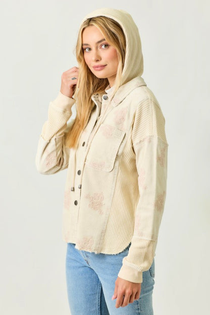Corduroy Flower Embroidered Hoodie Jacket - Almond