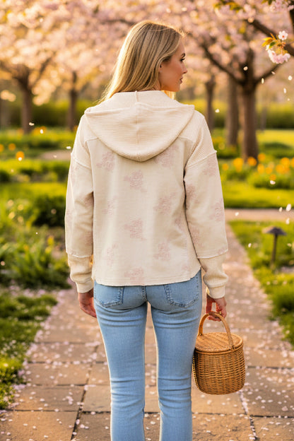 Corduroy Flower Embroidered Hoodie Jacket - Almond