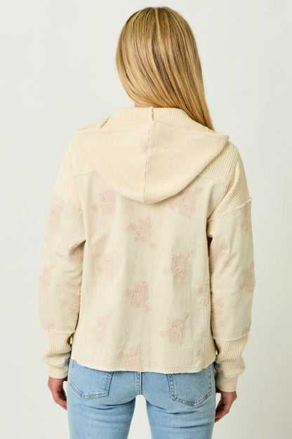 Corduroy Flower Embroidered Hoodie Jacket - Almond