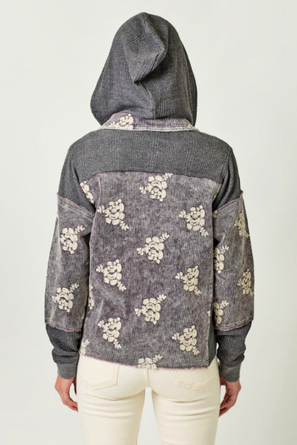 Corduroy Flower Embroidered Hoodie Jacket - Washed Black