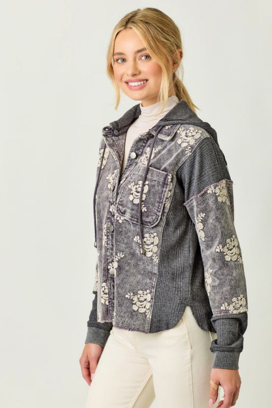 Corduroy Flower Embroidered Hoodie Jacket - Washed Black