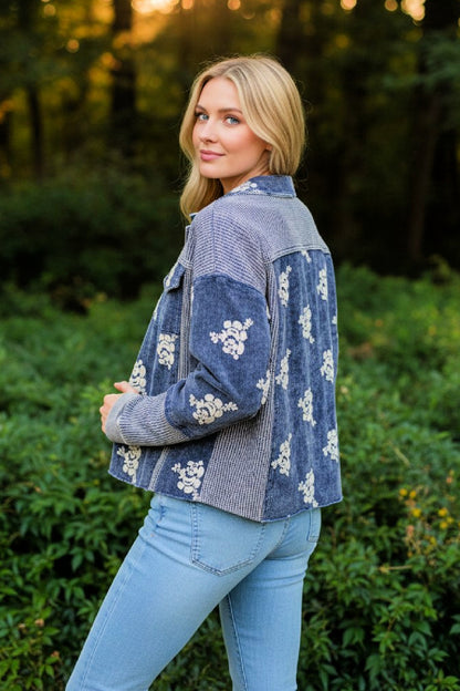 Corduroy Flower Embroidered Hoodie Jacket - Washed Blue