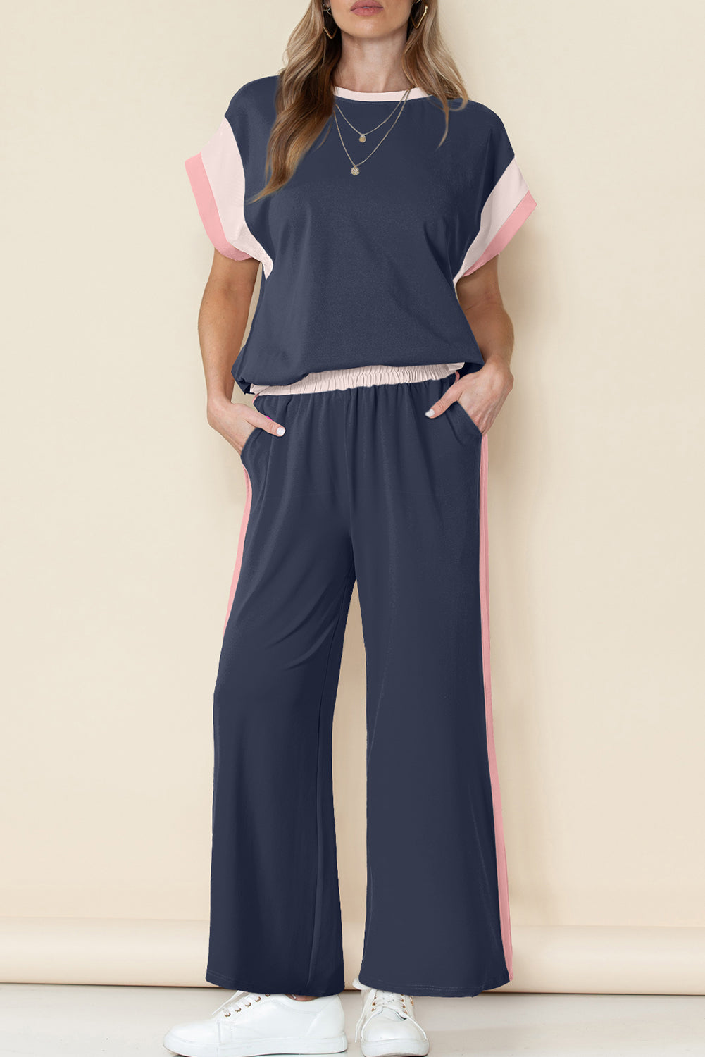 Marina Navy Color-Block Wide-Leg Two-Piece Set
