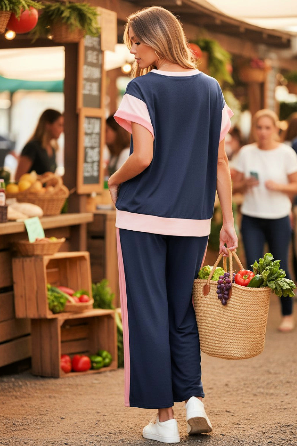 Marina Navy Color-Block Wide-Leg Two-Piece Set