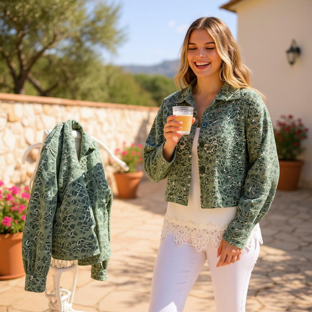 Woman in a green patterned sequin crop jacket holding a drink outdoors 