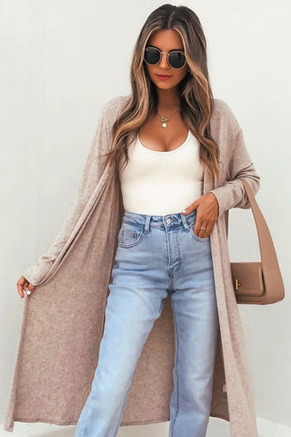 Parchment Colored Long Sopen-Front Knit Cardigan