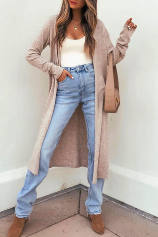 Parchment Colored Long Sopen-Front Knit Cardigan