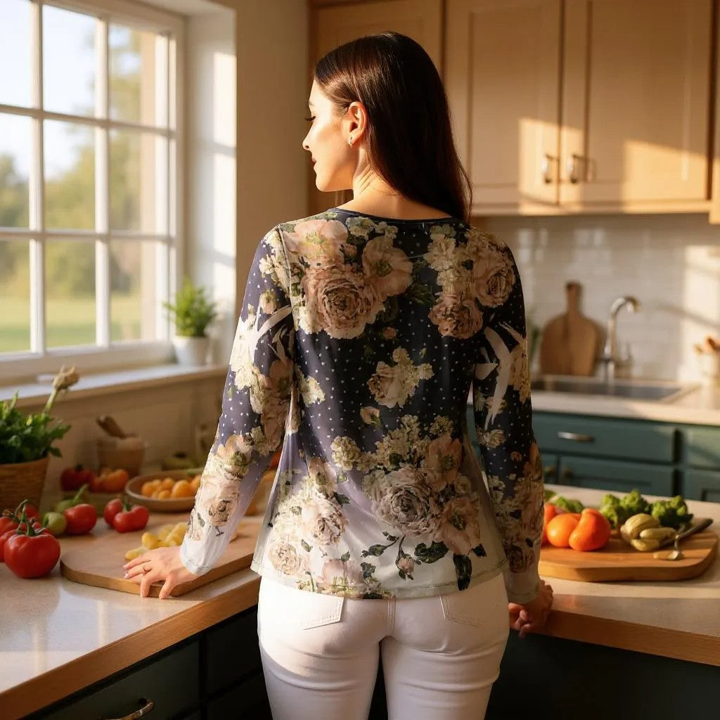 Long Sleeve Mesh Floral Top