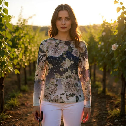 Long Sleeve Mesh Floral Top