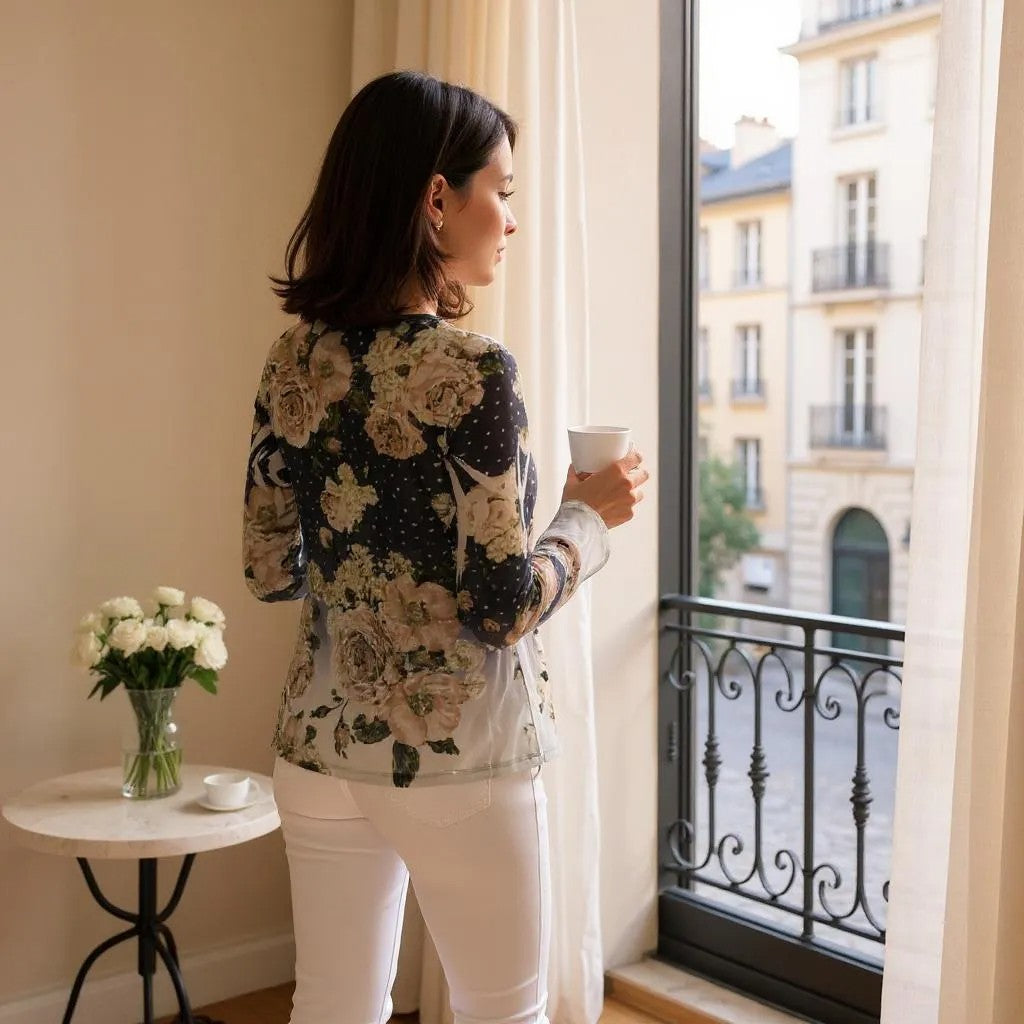 Long Sleeve Mesh Floral Top