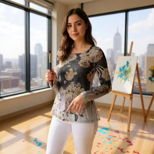 Long Sleeve Mesh Floral Top