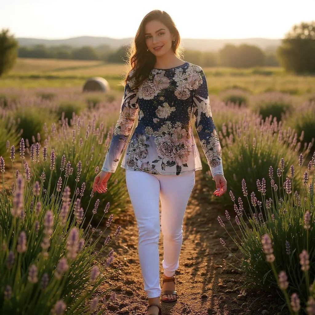 Long Sleeve Mesh Floral Top