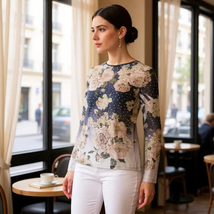 Long Sleeve Mesh Floral Top