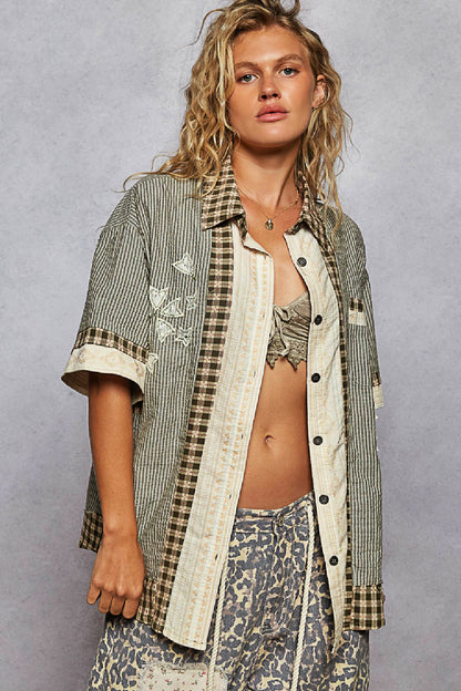 Multi-Print and Textured Button-Down Shirt