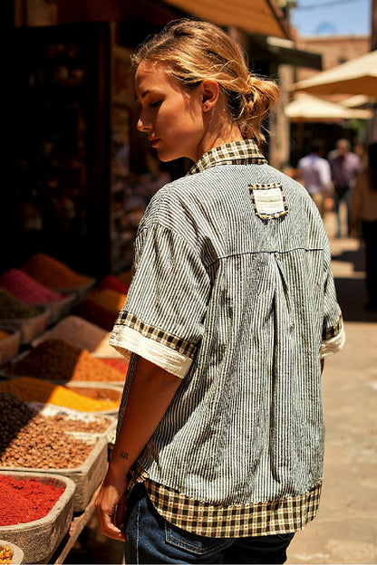Multi-Print and Textured Button-Down Shirt