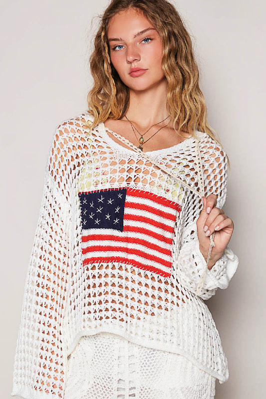 American Flag Crochet Pullover Hoodie Sweater